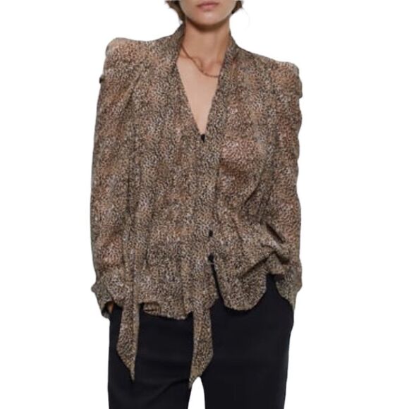 ZARA Leopard Print Tie Neck Blouse Tan Black M - Picture 1 of 8